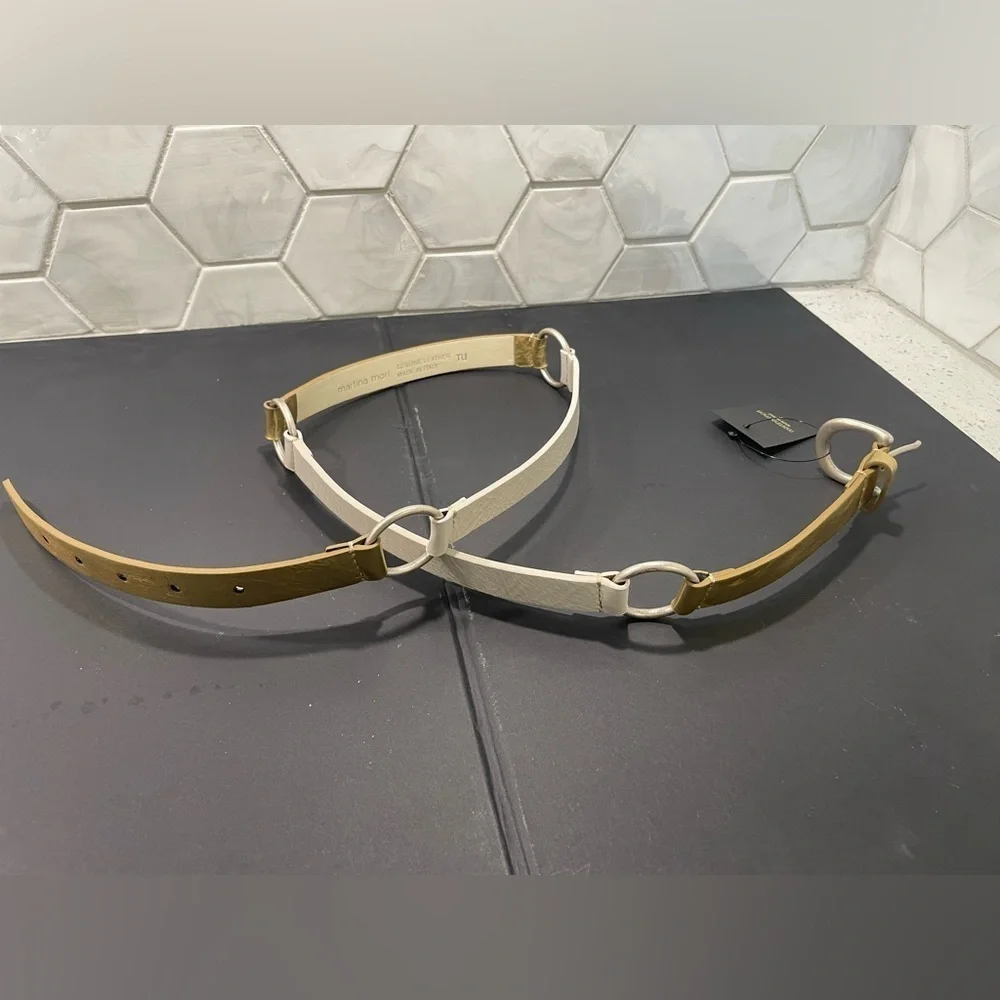 Martina Mori Leather White & Gold D Ring Belt Made In Italy Silver Buckle Chic!